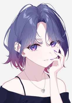 1girl absurdres barbell_piercing blue_eyes blue_hair blue_shirt bra_strap chain chain_necklace collarbone commentary_request curtained_hair earclip earrings film_grain fingernails forehead hand_up heart_pendant highres jewelry koshimizu_toru looking_at_viewer makeup mole mole_under_eye nail_polish necklace nijisanji off-shoulder_shirt off_shoulder parted_lips piercing portrait purple_nails shirt short_hair simple_background solo stud_earrings virtual_youtuber white_background yuki_hare1130