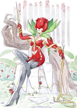 1girl absurdres black_boots bodysuit boots bush cape digimon digimon_(creature) figure_four_sitting flower green_cape highres nanaeljustice navel outdoors red_bodysuit red_flower red_petals red_rose rose rosemon sitting solo thorns two-sided_cape two-sided_fabric whip