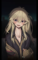 Rule 34 | 1girl, absurdres, bandaid, bandaid on clothes, blonde hair, blue eyes, blush, breasts, cardigan, cleavage, collared shirt, fang, hickey, highres, jewelry, kasukabe tsumugi, long hair, looking at viewer, loose necktie, magatama, magatama necklace, medium breasts, mole, mole under eye, necklace, necktie, off shoulder, one side up, open collar, open mouth, partner (kprtnr), shirt, solo, sweat, textless version, upper body, voicevox, yandere