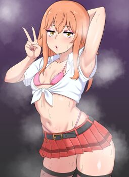 1girl amesuku_gyaru arm_up armpits belt bikini black_belt black_thighhighs breasts brown_eyes brown_hair collarbone collared_shirt cowboy_shot eyeshadow gradient_background grey_background gyaru hair_between_eyes hand_up highleg highleg_bikini highres jitome kogal long_hair looking_at_viewer makeup microskirt midriff moratorium24yo navel open_mouth original pink_bikini pink_lips pleated_skirt presenting_armpit purple_background red_skirt shirt sidelocks skindentation skirt small_breasts solo steaming_body stomach sweat sweatdrop swimsuit thighhighs thighs tied_shirt v