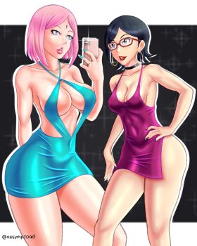 Rule 34 | 2girls, age difference, assymptoad, bare arms, bare legs, bare shoulders, black choker, black hair, black nails, blue dress, blue nails, bodycon, boruto: naruto next generations, breasts, camera flash, cellphone, center opening, choker, cleavage, covered navel, curvy, dress, earrings, facial mark, feet out of frame, forehead jewel, forehead mark, glasses, hand on own hip, haruno sakura, highres, holding, holding cellphone, holding phone, hoop earrings, jewelry, lipstick, makeup, mature female, medium breasts, minidress, mother and daughter, multiple girls, nail polish, naruto (series), no bra, parted bangs, parted lips, phone, pink dress, pink hair, purple dress, red-framed eyewear, red lips, revealing clothes, ring, selfie, short dress, short hair, sleeveless, sleeveless dress, small breasts, smartphone, standing, taking picture, thick thighs, thighs, uchiha sarada, wide hips