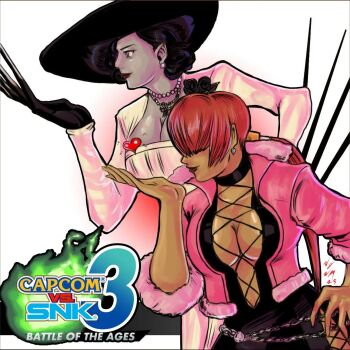 2girls alcina_dimitrescu badly_tagged_upload breasts capcom_vs._snk cleavage cleavage_cutout clothing_cutout dress earrings female_focus fishnets flower fluffy giant hand_on_own_hip hand_up hat heart highres huge_breasts jacket jewelry large_breasts long_hair long_sleeves multiple_girls no_bra ponytail red_hair resident_evil shermie_(kof) smile smiley_face tall_female taller_female taurence_bell the_king_of_fighters thick_thighs thighs wide_hips