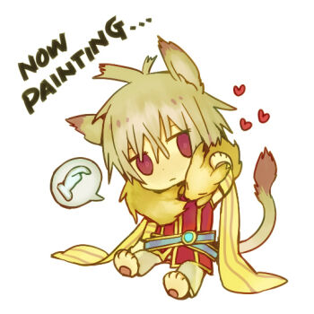 1boy animal animal_around_neck animal_ears animal_hands arutopian belt blue_belt chibi chibi_only closed_mouth commentary_request detached_sleeves english_text expressionless fox full_body gloves grey_hair grey_pants hair_between_eyes lion_boy lion_ears lion_tail looking_at_viewer male_focus pants paw_gloves paw_shoes professor_(ragnarok_online) ragnarok_online red_eyes red_shirt shirt short_hair simple_background sitting sleeveless sleeveless_shirt solo tail white_background yellow_sleeves