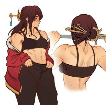 1girl abs absurdres back bare_shoulders beidou_(genshin_impact) bra breasts brown_hair collarbone exercising genshin_impact hair_bun hair_ornament hair_stick highres horizontal_bar long_hair looking_away medium_breasts mon_eree multiple_views muscular muscular_female navel navel_piercing off_shoulder pants piercing sports_bra stomach toned underwear white_background