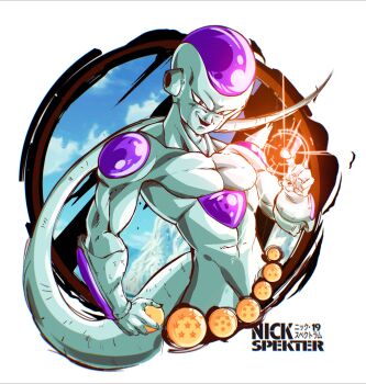 1boy aiming aiming_at_viewer alien artist_name colored_skin cowboy_shot dragon_ball dragon_ball_(object) dragonball_z final_form_frieza frieza highres nickelespektro pointing pointing_at_viewer powering_up red_eyes solo white_skin
