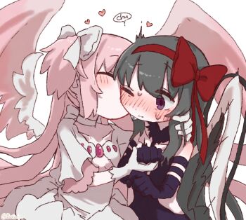 2girls akemi_homura akuma_homura black_dress black_gloves black_hair blush bow bow_hairband buivi closed_eyes dress elbow_gloves gloves hair_bow hairband hand_in_another&#039;s_hair heart highres kaname_madoka kiss kissing_cheek long_hair mahou_shoujo_madoka_magica mahou_shoujo_madoka_magica:_hangyaku_no_monogatari multiple_girls one_eye_closed pink_hair purple_eyes red_bow red_hairband simple_background two_side_up ultimate_madoka white_background white_bow white_dress white_gloves wings yuri