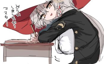 blue_archive bow bowtie braid eri_(blue_archive) eyeshadow halo hat hatoharu jacket leaning_on_table long_coat long_hair looking_at_viewer makeup orange_eyes pencil shirt breasts sweater white_hair witch_hat