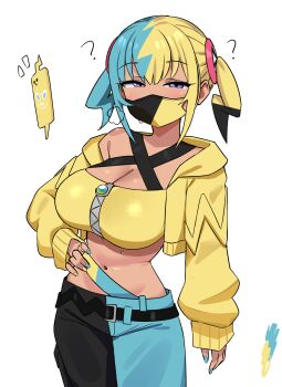 Rule 34 | 1girl, absurdres, aqua hair, belt, black belt, black mask, black pants, blonde hair, blue pants, blush, breasts, canari (pokemon), center-flap bangs, cleavage, commentary, criss-cross halter, crop top, dark-skinned female, dark skin, english commentary, gen 4 pokemon, hair ornament, halterneck, highres, jacket, large breasts, looking at viewer, mask, midriff, mouth mask, multicolored hair, navel, nintendo, pants, peps art, pokemon, pokemon legends: z-a, rotom, rotom phone, short twintails, simple background, solo, split-color hair, sports bra, stomach, twintails, two-tone hair, two-tone mask, white background, yellow jacket, yellow mask, yellow sports bra