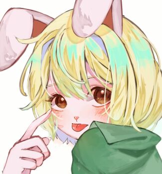 1girl :p animal_ears blonde_hair blush brown_eyes capelet carrot_(one_piece) close-up commentary green_capelet hair_between_eyes highres looking_at_viewer one_piece rabbit_ears rabbit_girl short_hair simple_background solo tongue tongue_out u_mi031 white_background