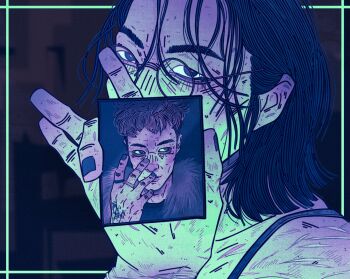 2boys averting_eyes bags_under_eyes black_eyes black_hair black_nails buzz_cut covered_mouth glasses head_tilt highres holding holding_photo implied_self-harm irlplasticlamb jewelry limited_palette looking_at_viewer messy_hair multiple_boys multiple_rings nam-gyu photo_(object) ring scar scar_on_arm scar_on_shoulder self-harm_scar short_hair smirk squid_game strap thanos_(squid_game) upper_body very_short_hair wrist_cutting