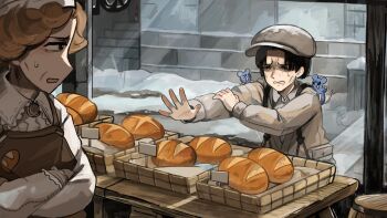 1boy 1girl aged_down apron bible_(object) bird black_hair bread brick_wall brown_apron brown_hair chicken commentary diva_(hyxpk) drooling english_commentary father_(diva) food grey_hat grey_jacket hat highres hungry jacket little_nuns_(diva) mouse_(animal) no_eyewear shirt snow thief white_shirt