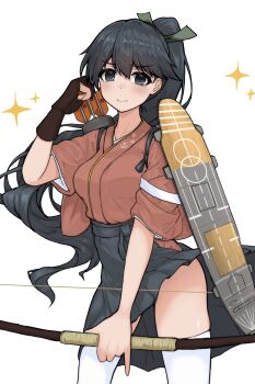 1girl arrow_(projectile) black_hair black_hakama bow_(weapon) brown_gloves flight_deck gloves grey_eyes hakama highres houston_(kancolle) japanese_clothes kantai_collection kimono kinakomochi_(testament05) partially_fingerless_gloves partly_fingerless_gloves pink_kimono ponytail quiver shield simple_background single_glove smile solo sparkle standing tasuki thighhighs weapon white_background white_thighhighs yugake