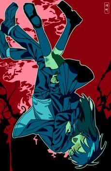 1boy 1girl black_hair black_jacket black_pants black_sailor_collar black_serafuku black_shirt black_shoes black_skirt black_socks blood blood_on_hands blush bruise bruise_on_leg closed_eyes commentary_request covered_face cuts falling floating_clothes floating_hair full_body gakuran hair_between_eyes head_on_another's_shoulder hetero high_collar highres hug injury jacket kneehighs kohan_oekaki loafers long_hair long_sleeves medium_skirt oc_x_canon open_clothes open_jacket open_mouth original pants pleated_skirt randal's_friends sailor_collar school_uniform self-harm self-harm_scar serafuku shirt shoes short_hair signature skirt smile socks straight_hair tsukada_satoru upside-down white_shirt white_socks