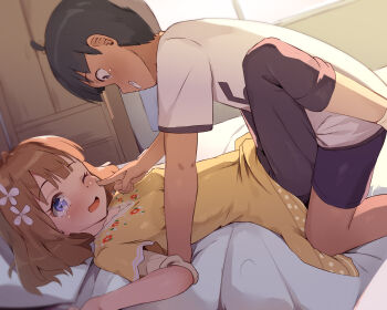 1boy 1girl black_hair blue_eyes brown_hair brown_pants kodomo_doushi dress hetero highres idolmaster idolmaster_million_live! loli lying on_back one_eye_closed pants playing seneto short_hair shota smile suou_momoko yellow_dress