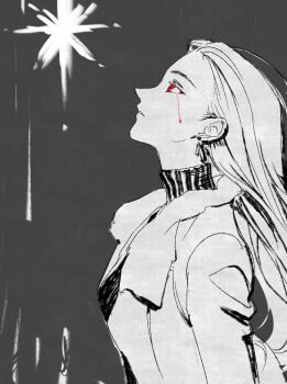1girl anna_croft blood bloody_tears commentary_request earrings eyesoffyou0003 from_side high_collar highres jacket jewelry korean_commentary long_hair omniscient_reader&#039;s_viewpoint open_clothes open_jacket parted_lips red_eyes solo sparkle spot_color star_(symbol) turtleneck upper_body very_long_hair