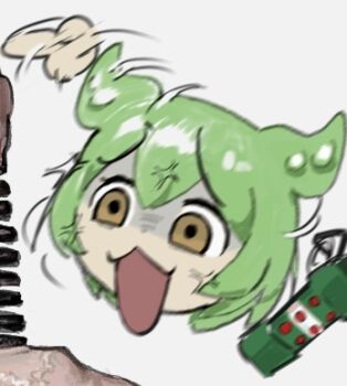 1girl :3 anger_vein angry atkm2 character_request check_character check_copyright chibi coil-head_(lethal_company) copyright_request cropped disembodied_hand empty_eyes flashbang furious green_hair head_only lethal_company lowres motion_blur motion_lines open_mouth out_of_frame pointing shaded_face simple_background solo voicevox white_background yellow_eyes zundamon