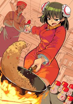 1boy 1girl bun_cover china_dress chinese_clothes double_bun dress hair_bun highres open_mouth original skirt thighhighs yamaso