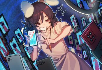 Rule 34 | 1girl, absurdres, animal ears, brown hair, carrot necklace, cellphone, dress, floppy ears, hair between eyes, heart, highres, holding, holding phone, inaba tewi, jewelry, livestream, necklace, phone, pink dress, pointing at hand, rabbit ears, rabbit tail, red eyes, ring light, short hair, short sleeves, smartphone, smile, stock chart, tail, teeth, touhou, tuck (tuck23978434)