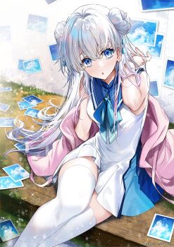 1girl :o anemoi arm_at_side blue_bow blue_bowtie blue_dress blue_eyes blush bow bowtie commentary_request copyright_notice double_bun dress eyelashes eyes_visible_through_hair feet_out_of_frame grey_hair hair_between_eyes hair_bun hair_intakes hair_over_shoulder hand_up highres hirai_yuzuki jacket jacket_partially_removed long_hair looking_at_viewer open_clothes open_jacket open_mouth outdoors photo_(object) pink_jacket second-party_source short_dress sitting sleeveless sleeveless_dress solo sparkle straight_hair thighhighs thighs tsujikura_spica two-tone_dress very_long_hair white_dress white_thighhighs zettai_ryouiki