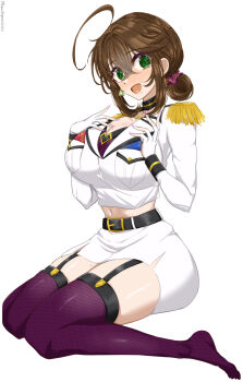 Rule 34 | 1girl, ahoge, breasts, brown hair, chamumi (mochiumee), commentary request, epaulettes, female admiral (kancolle), folded ponytail, full body, garter belt, gloves, green eyes, jacket, kantai collection, looking at viewer, midriff, military jacket, miniskirt, mole, mole under mouth, navel, open mouth, original, pencil skirt, simple background, sitting, skirt, smile, solo, thighhighs, wariza, white background, white gloves, white jacket