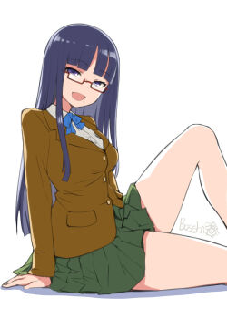 1girl bosshi female_focus futabu glasses highres legs long_hair looking_at_viewer oohashi_sumika purple_eyes purple_hair school_uniform simple_background sitting skirt solo thighs