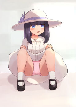 1girl black_hair black_shoes blue_bow blue_eyes blush bow crotch_seam dress flat_chest hands_on_own_knees hat hat_bow highres kai_ooo1 loli long_hair looking_to_the_side mary_janes open_mouth original panties pink_panties shoes sitting socks sun_hat underwear white_dress white_hat white_socks