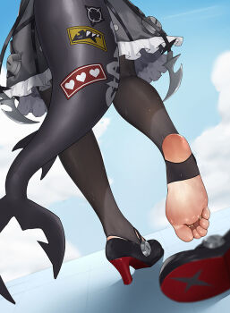 Rule 34 | 1girl, black dress, black footwear, black pantyhose, blue sky, blurry, close-up, cloud, day, depth of field, dress, ellen joe, feet, fins, fish tail, foot focus, frilled dress, frills, from behind, heart, high heels, legs, lower body, no shoes, outdoors, pantyhose, shark girl, shark tail, shoe soles, shoes, single shoe, sky, soles, solo, standing, standing on one leg, stirrup legwear, sweat, tail, toeless legwear, toes, unworn shoes, wd (1106592840), zenless zone zero