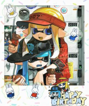 2girls :d baseball_cap black_eyes black_hat black_sleeves blonde_hair blue_eyes blue_hair blue_tongue border chin_rest colored_tongue commentary commission dorayaki fang food gashapon happy_birthday hat head_on_head head_rest highres holding holding_food holding_toy inkling inkling_girl inkling_player_character jacket long_hair miko_(15476997) multiple_girls nintendo open_mouth pointy_ears red_hat red_jacket shirt sideways_hat smile splatoon_(series) symbol-only_commentary tentacle_hair three-quarter_sleeves toy visor_cap wagashi watermark white_border white_shirt yellow_tongue