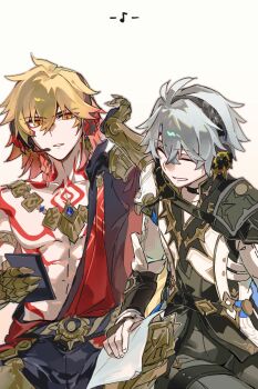 Rule 34 | 2boys, abs, antenna hair, arm tattoo, armlet, armor, black choker, black coat, black pants, black shirt, blonde hair, braid, chest tattoo, chinese commentary, choker, clawed gauntlets, closed eyes, coat, commentary request, earrings, facial tattoo, gold earrings, gold necklace, gradient hair, headphones, highres, holding, holding phone, honkai: star rail, honkai (series), jewelry, male focus, medium hair, multicolored hair, multiple boys, mydei (honkai: star rail), necklace, open clothes, open coat, pants, parted bangs, pauldrons, phainon (honkai: star rail), phone, red hair, red tattoo, shirt, short hair, shoulder armor, side braid, single pauldron, tattoo, toned, toned male, white coat, white hair, xinjinjumin799057796880, yellow eyes