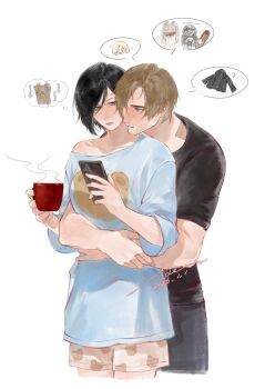 1boy 1girl ada_wong animal_print arms_around_waist bear_print beard_stubble black_coat black_hair black_pants black_shirt blonde_hair blue_eyes blue_shirt braid cellphone coat couple cowboy_shot cup dated dog facial_hair fur-trimmed_coat fur_trim grace_ashcroft grey_hair hair_between_eyes hashtag-only_commentary hetero highres holding holding_cup holding_phone hug hug_from_behind leon_s._kennedy long_shirt looking_at_phone mofa_shuimu_jiang pajamas pants parted_bangs parted_lips phone print_pajamas print_shirt print_shorts resident_evil resident_evil_requiem shirt shorts sign single_braid smartphone steaming_cup stubble stuffed_animal stuffed_toy teddy_bear unworn_coat white_background zombie