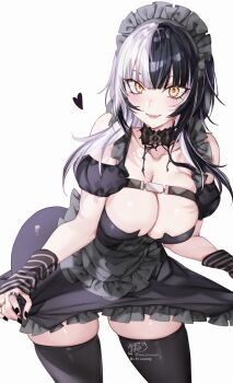 1girl :d absurdres apron arm_warmers bilingual_commentary black_choker black_dress black_hair black_nails black_thighhighs blunt_bangs breast_strap breasts choker cleavage commentary commission detached_sleeves dress english_commentary frilled_apron frills grey_hair heart highres hololive hololive_english kamiya_maneki large_breasts long_hair looking_at_viewer maid_headdress mixed-language_commentary multicolored_hair nail_polish open_mouth puffy_detached_sleeves puffy_sleeves shiori_novella sidelocks simple_background skirt_hold smile solo split-color_hair thighhighs virtual_youtuber waist_apron white_background yellow_eyes