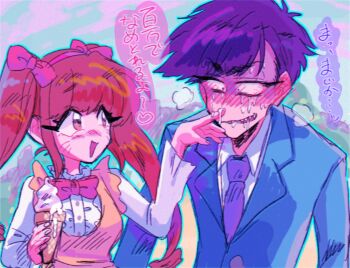 1boy 1girl blush bow bowtie chibimi chuxxxxxmk2 dialogue_box food formal_clothes hair_ribbon heavy_breathing holding holding_ice_cream_cone ice_cream ice_cream_cone matsuno_ichimatsu necktie open_mouth osomatsu-san osomatsu_(series) ribbon sharp_teeth suit sweat teeth twintails
