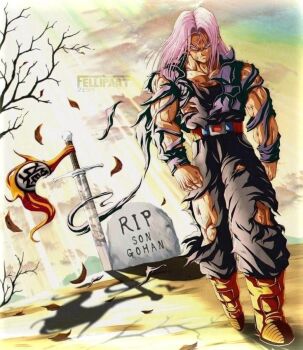 bad_link belt boots closed_eyes dirty dragon_ball fellipart long_hair muscular purple_hair sunlight sword tombstone torn_clothes tree trunks_(dragon_ball) trunks_(future)_(dragon_ball) walking_away weapon