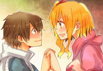 1boy 1girl amamiya_hibiya aoi_choko_(aoichoco) blonde_hair brown_eyes brown_hair hood hoodie interlocked_fingers kagerou_project kisaragi_momo long_hair monaco0704 short_hair side_ponytail smile