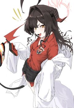 ! !! 1girl ahoge black_shorts blue_archive breasts brown_hair collared_shirt controller daresuki_05 demon_tail fang feet_out_of_frame hair_intakes halo highres holding holding_remote_control horns kasumi_(blue_archive) lab_coat long_hair long_sleeves looking_at_viewer off_shoulder open_mouth red_shirt remote_control shirt shorts simple_background skin_fang sleeves_past_fingers sleeves_past_wrists small_breasts solo standing tail white_background yellow_eyes