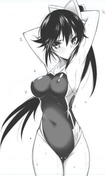 1girl ameno_sagiri_(yuragisou_no_yuuna-san) arai_kazuki armpits arms_up bare_shoulders blush breasts collarbone competition_swimsuit covered_navel highres large_breasts long_hair midriff monochrome one-piece_swimsuit ponytail shuriken shuriken_hair_ornament solo swimsuit thighs very_long_hair weapon wet yuragisou_no_yuuna-san