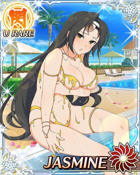 Rule 34 | 1girl, :o, beach, bikini, blush, border, breasts, brown eyes, brown hair, card (medium), character name, cleavage, day, dissolving, dissolving clothes, embarrassed, eyewear on head, game cg, hairband, jasmine (senran kagura), large breasts, leaning forward, looking at viewer, mole, mole above eye, multiple moles, navel, ocean, official art, parted bangs, pool, poolside, senran kagura, senran kagura new wave, short hair, solo, swimsuit, torn bikini, torn clothes, very short hair, white hairband, yellow bikini