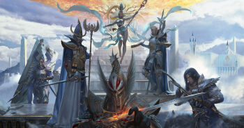 1girl 5boys absurdres alarielle_the_radiant alith_anar_(warhammer) armor armored_boots artist_request black_hair blonde_hair boots bow_(weapon) breastplate breasts cape closed_mouth elbow_gloves elf eltharion_(warhammer) fire flaming_sword flaming_weapon floating full_body gauntlets gloves greaves high_elves_(warhammer_fantasy) highres holding holding_bow_(weapon) holding_polearm holding_staff holding_sword holding_weapon long_hair long_sleeves looking_at_viewer mage_staff multiple_boys pauldrons pointy_ears polearm prince_imrik shoulder_armor sky staff standing sword teclis_(warhammer) total_war total_war:_warhammer total_war:_warhammer tower tyrion_(warhammer) vambraces very_long_hair warhammer_fantasy weapon