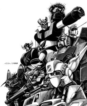 1960s_(style) 1970s_(style) 1980s_(style) alphonse_(av-98_ingram) animage av-98_ingram battroid densetsu_kyojin_ideon energy getter-1 getter_robo grendizer greyscale gunbuster gundam gunpod highres ideon kidou_keisatsu_patlabor machinery macross magazine_scan mazinger_(series) mazinger_z mazinger_z_(mecha) mecha miyake_kasuhiko mobile_suit mobile_suit_gundam monochrome no_humans oldschool retro_artstyle robot rx-78-2_gundam scan science_fiction super_robot tetsujin_28 tetsujin_28-gou tetsujin_28-gou_(classic) top_wo_nerae! top_wo_nerae!_(series) traditional_media ufo_robo_grendizer vf-1 vf-1s