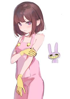 1boy 1girl :d ame929 bare_arms bare_shoulders blue_eyes blunt_bangs blush bob_cut borrowed_clothes brown_hair buttons closed_mouth collarbone colored_sclera colored_teeth cowboy_shot furry furry_male gloves grin hand_on_own_arm highres humanization jax_(the_amazing_digital_circus) looking_at_another looking_at_viewer multicolored_eyes naked_overalls open_mouth overalls pink_overalls pomni_(the_amazing_digital_circus) red_eyes short_hair simple_background smile solo_focus standing the_amazing_digital_circus two-tone_eyes v-shaped_eyebrows white_background yellow_gloves yellow_sclera yellow_teeth