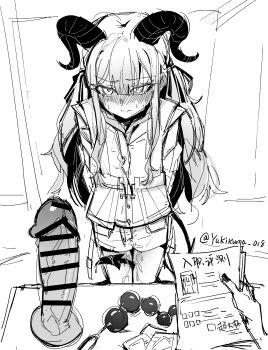 Rule 34 | 1girl, anal beads, arknights, arms behind back, aroused, artist name, bang dream!, bang dream! it's mygo!!!!!, bar censor, belt, between legs, blush, buttons, censored, chinese commentary, chinese text, clip studio paint (medium), closed mouth, condom, condom wrapper, curly hair, demon girl, demon horns, demon tail, desk, dildo, embarrassed, female pov, furrowed brow, greyscale, hair ribbon, has bad revision, has censored revision, highres, holding, holding paper, horns, huge dildo, jacket, long hair, long sidelocks, looking at viewer, monochrome, nail polish, nose blush, paper, pov, pov hands, pussy juice, ribbon, sex toy, short shorts, shorts, sidelocks, sketch, solo focus, suction cup dildo, sweatdrop, tail, tail between legs, togawa sakiko, togawa sakiko (master of melodia), translation request, tsurime, twitter username, two side up, veins, very long hair, yukikuma (yukikuma 018)