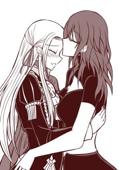 Rule 34 | 2girls, black shirt, blush, breasts, closed eyes, edelgard von hresvelg, epaulettes, female byleth (fire emblem), fire emblem, fire emblem: three houses, from side, garreg mach monastery uniform, gloves, hair ornament, hair ribbon, hand on another's waist, highres, hug, kiss, kissing forehead, light smile, long hair, long sleeves, lovecraftian-trash, medium breasts, midriff, monochrome, multiple girls, nintendo, parted lips, ribbon, shirt, short sleeves, simple background, smile, upper body, white background, white gloves, yuri