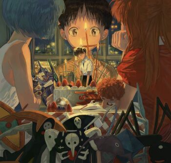 Rule 34 | 1boy, 2girls, absurdres, angel (evangelion), arael, arm on table, armisael (evangelion), ayanami rei, beaker, birthday cake, blue hair, brown eyes, cake, candle, candlelight, character doll, character request, commentary, cross, doll, eva 00, eva 01, figure, food, head rest, highres, ikari shinji, ikuta41, indoors, israfel (evangelion), lance of longinus (evangelion), latin cross, light blue hair, looking at another, matariel, multiple girls, neon genesis evangelion, night, orange hair, puffy short sleeves, puffy sleeves, ramiel (evangelion), sachiel (evangelion), sahaquiel (evangelion), shamshel (evangelion), short sleeves, souryuu asuka langley, strawberry cake, stuffed toy, zeruel (evangelion)