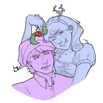 1boy 1girl aged_up fake_antlers hashtag-only_commentary hat highres holding holding_mistletoe lucy_van_pelt mistletoe one_eye_closed peanuts_(comic) puffy_short_sleeves puffy_sleeves santa_hat schroeder_(peanuts) short_hair short_sleeves toffi