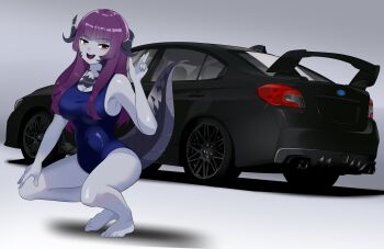 Rule 34 | 1girl, breasts, car, commentary, english commentary, heterochromia, highres, holeecrab, indie virtual youtuber, large breasts, motor vehicle, one-piece swimsuit, ruri moth (vtuber), subaru wrx, swimsuit, tail, thick tail, virtual youtuber