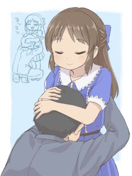 1boy 1girl age_difference black_hair black_jacket blue_background blue_bow blue_dress blush bow brown_hair business_suit caressing closed_eyes collarbone commentary_request dress formal_clothes hair_bow hands_on_another&#039;s_head height_difference highres hug idolmaster idolmaster_cinderella_girls idolmaster_cinderella_girls_u149 jacket lace-trimmed_sleeves lace_trim long_hair long_sleeves pants producer_(idolmaster) short_hair short_sleeves sidelocks smile squatting suit tachibana_arisu triangle_mouth upper_body yuzu-p