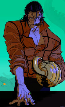 1boy absurdres aqua_background bananawani_(one_piece) black_hair cigar crocodile crocodile_(one_piece) crocodilian hair_slicked_back hand_rest highres hook_hand jewelry male_focus one_piece orange_shirt ring shirt sleeves_rolled_up stitched_face stitches wesaier