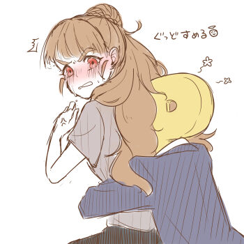 1boy 1girl absurdres behind_another blue_jacket blush braid braided_bun brown_hair face_in_hair front-to-back grey_shirt hair_bun hetero highres idolmaster idolmaster_cinderella_girls jacket kamiya_nao lapin_zat long_hair long_sleeves object_head p-head_producer producer_(idolmaster) red_eyes shirt short_sleeves simple_background single_hair_bun smelling smelling_hair thick_eyebrows translation_request white_background