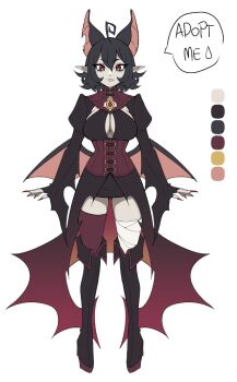 1girl adoptable ahoge animal_ears bat_ears bat_girl bat_wings black_boots black_dress black_hair boots breasts cleavage cleavage_cutout closed_mouth clothing_cutout color_guide colored_skin commentary double-parted_bangs dress english_commentary fang fang_out full_body grey_skin hair_between_eyes large_breasts long_sleeves looking_at_viewer oninuer original pointy_ears red_eyes short_hair simple_background solo straight-on thigh_boots unfinished white_background wings