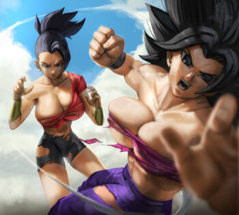 2girls absurdres battle bike_shorts black_eyes black_hair blue_sky breasts caulifla cleavage cloud dragon_ball dragon_ball_super earrings elite_nappa highres incoming_attack incoming_punch jewelry kale_(dragon_ball) large_breasts looking_at_viewer multiple_girls navel nipples open_mouth pants pink_tube_top ponytail pov punching purple_pants skindentation sky spiked_hair strapless sweat torn_clothes tube_top